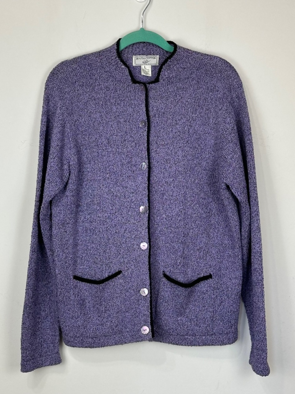 Vintage South Cotton Womens Purple Black Cardigan Sweater L Coastal Grandma